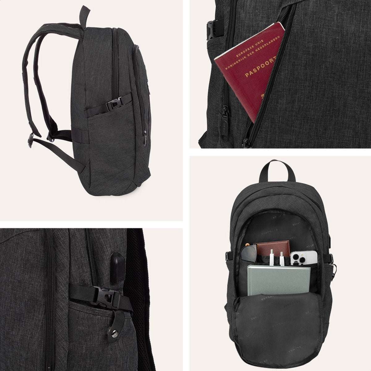 TRVLMORE Rugzak - 25L - 15,6 inch - Laptop Rugtas - Schooltas - Unisex - Spatwaterdicht Antraciet