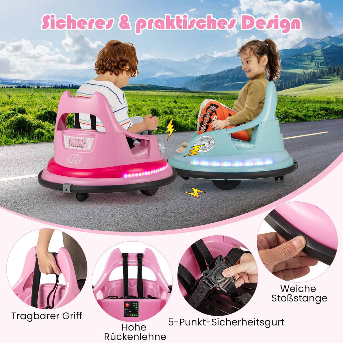 Coast Elektrische bumperauto voor kinderen - 12V met afstandsbediening en dubbele joysticks - roze