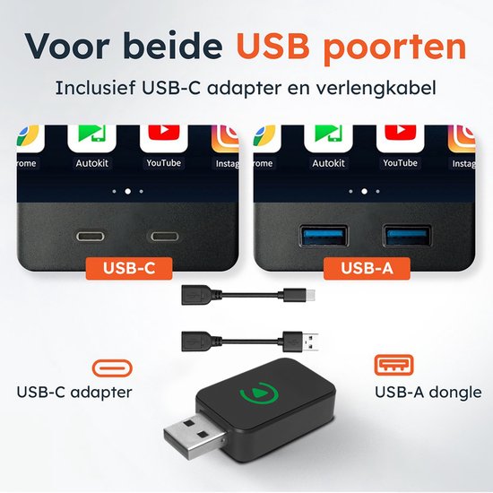 Draadloze CarPlay & android dongle - Auto - Bluetooth - Draadloos - Wireless - Receiver - Compact - incl USB-C - Skoov