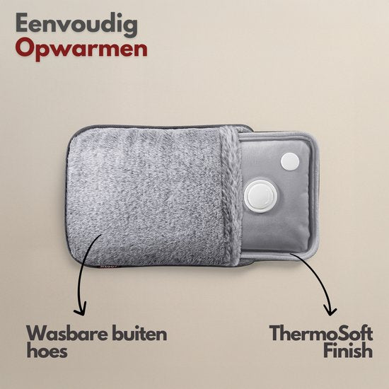 Coozie Elektrische Kruik – 1L – met ThermoSoft Hoes van Fluffy Stof – Verwarmende Zachte Warmwaterkruik – Warmtekruik – Grijs