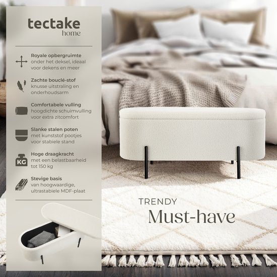 tectake® Zitbank met opbergruimte - Gestoffeerde opbergbox - Zitkist met opbergruimte, gestoffeerd - Bouclé-stof in Scandi-stijl - 97x36x42cm - cremewit