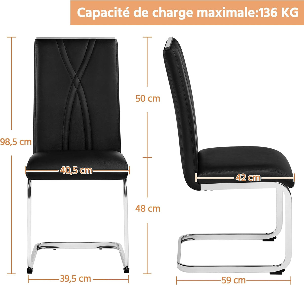 Yaheetech Eetkamerstoelen Set van 2 Kunstleer Zwart/Wit 60 × 60 × 100,5 cm