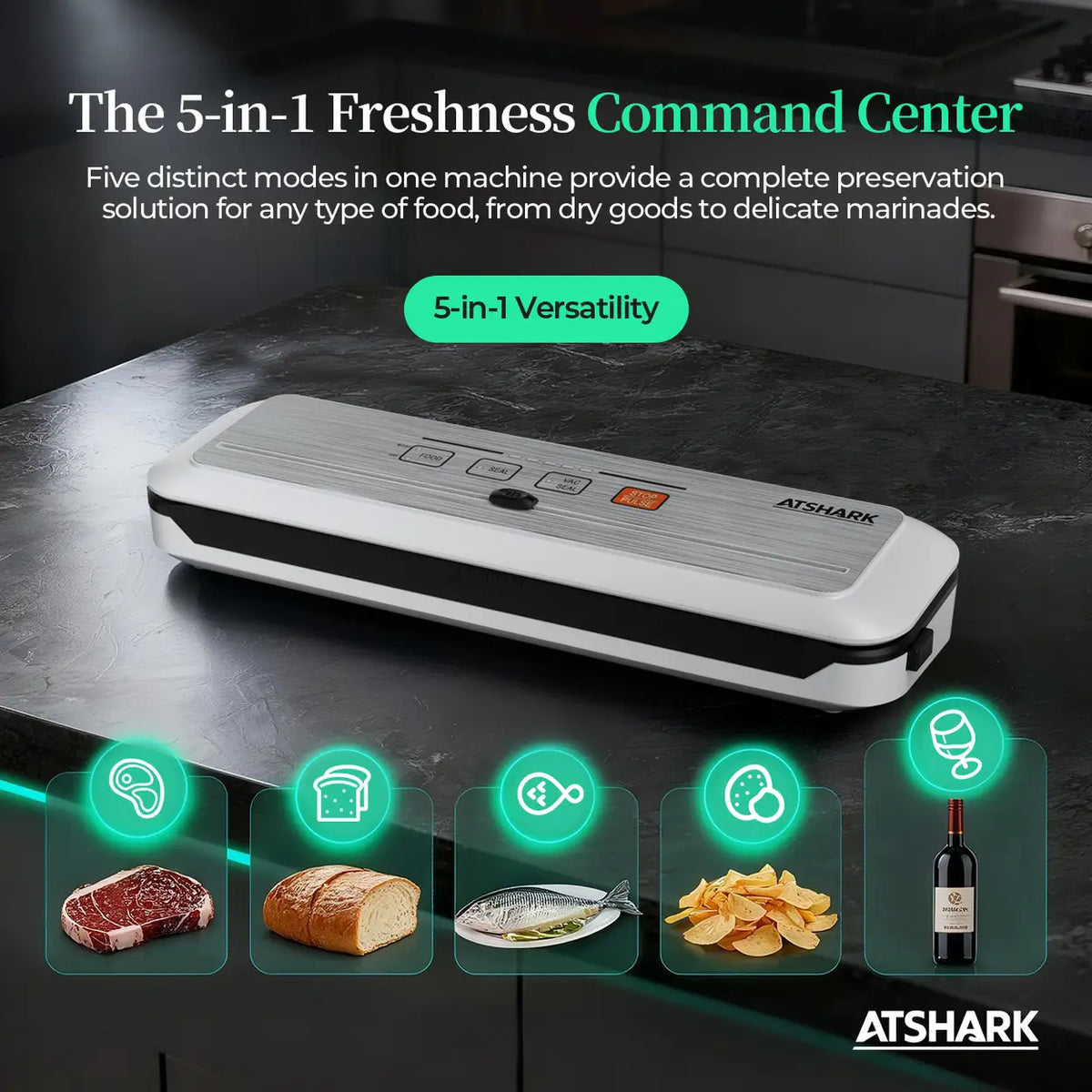 ATSHARK 5-In-1 Vacuum Sealer – High Pressure Touchscreen Design, Fast and Convenient, Includes 50 Vacuum Bags, Ideal for Home Food Preservation, White, VS6621