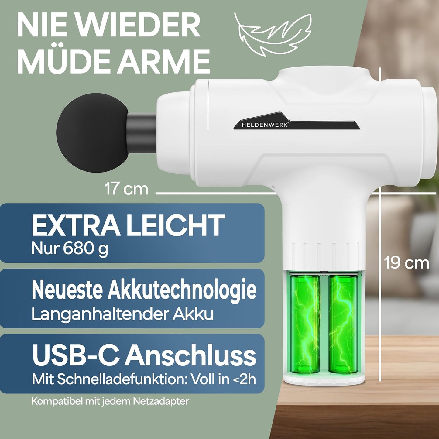 HELDENWERK Active Massagepistool – 30 Snelheden – 6 Massagekoppen – Fluisterstil – USB-C Oplaadbaar – LCD Touchscreen – Inclusief Opbergkoffer - Wit