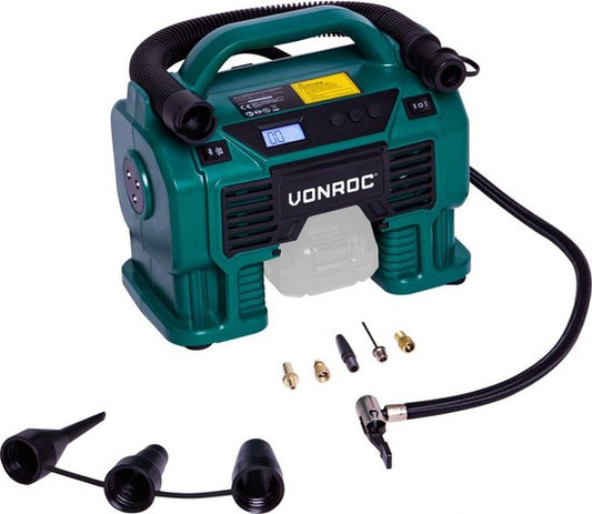 VONROC Accu compressor – VPower 20V – Zonder accu & lader – 20V accu & 12V aansluiting – 11 bar – Incl. 8 accessoires