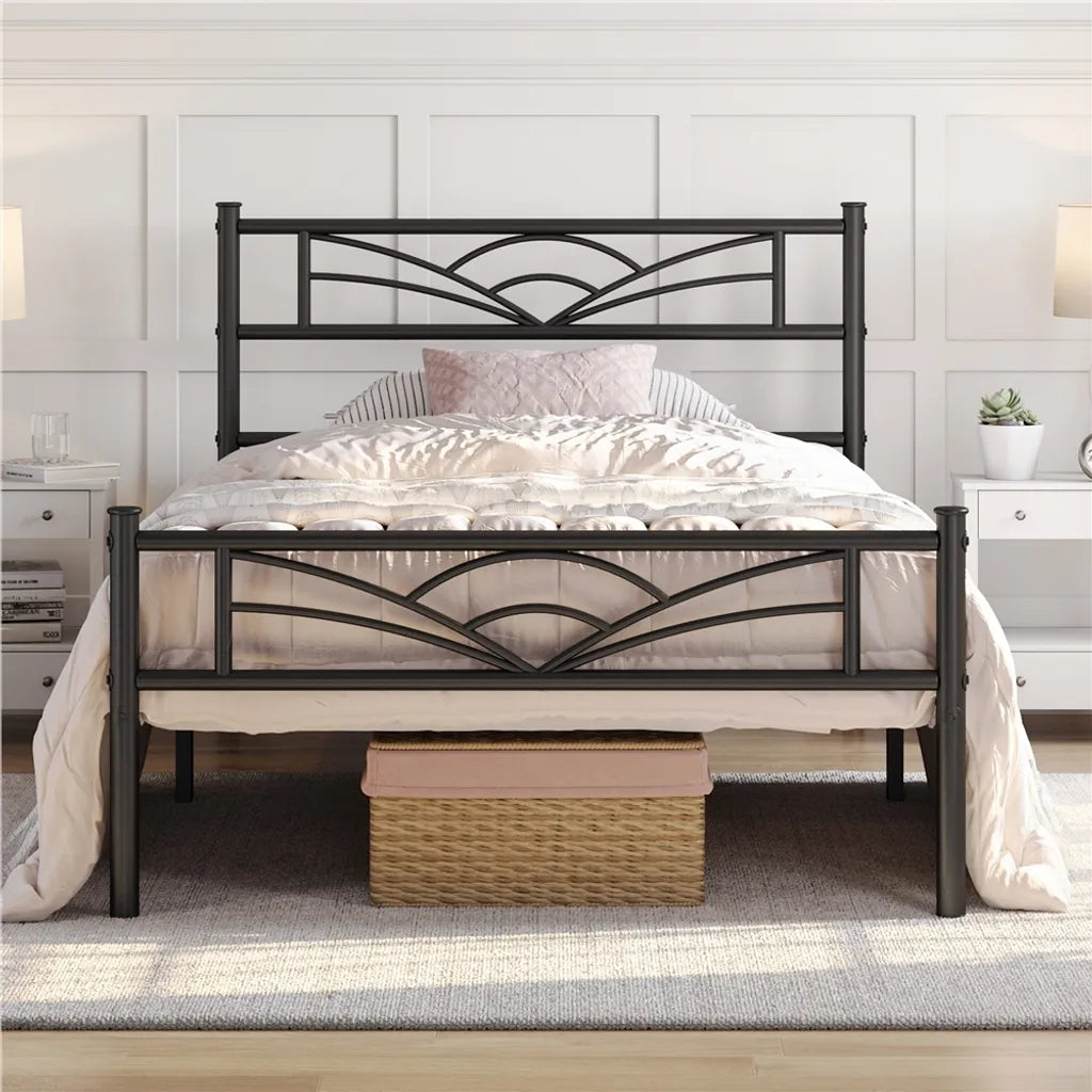 Yaheetech Metalen Bedframe 90 x 200 cm - Zwart - Met Wolkenpatroon Hoofdbord