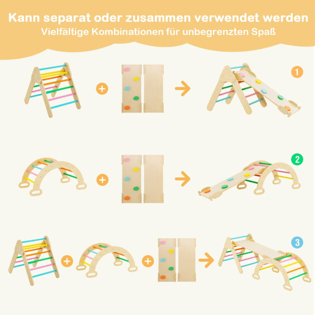 Coast 4-in-1 Houten Klimrek Set - Klimdriehoek, Klimboog, Dubbelzijdige Glijbaan/Klimhelling, 50 kg Belastbaar - Diverse Afmetingen - Beukenhout - Kleurrijk