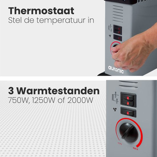 Auronic Elektrische Convectorkachel - 750/1250/2000 Watt - Met Ventilator - Verwarming - Ventilatorkachel - Grijs
