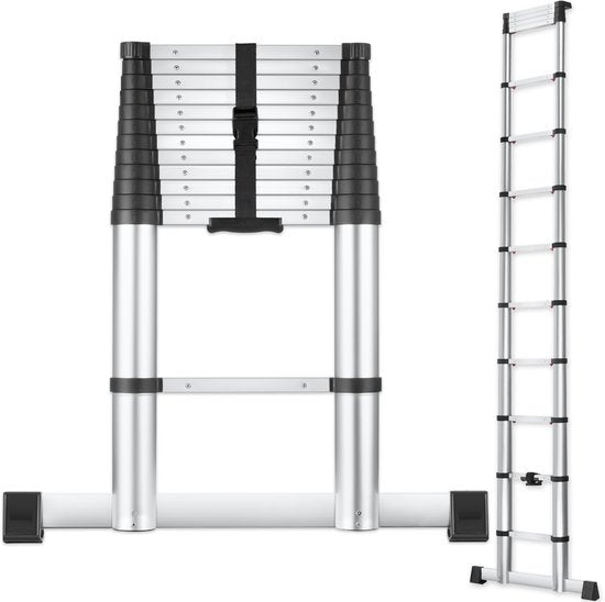tectake® Telescoopladder met 13 Sporten - Vouwladder - 3,85 Meter - Soft Close - Anti Slip - Uitschuifbare Telescopische Ladder - Trapladder - Lichtgewicht Aluminium Trap - Betrouwbare Vergrendeling