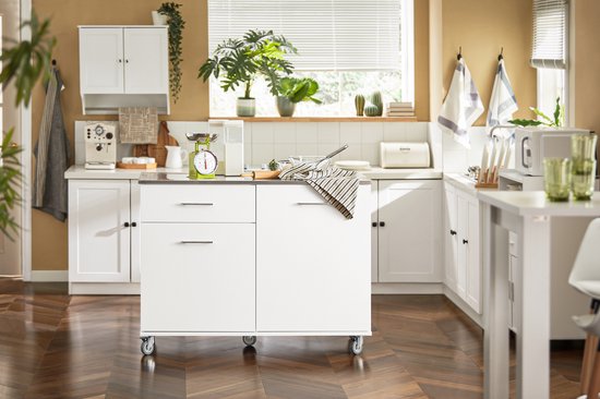 SoBuy FKW117-W Kookeiland - Wit Houtcomposiet met Laden & Deuren
