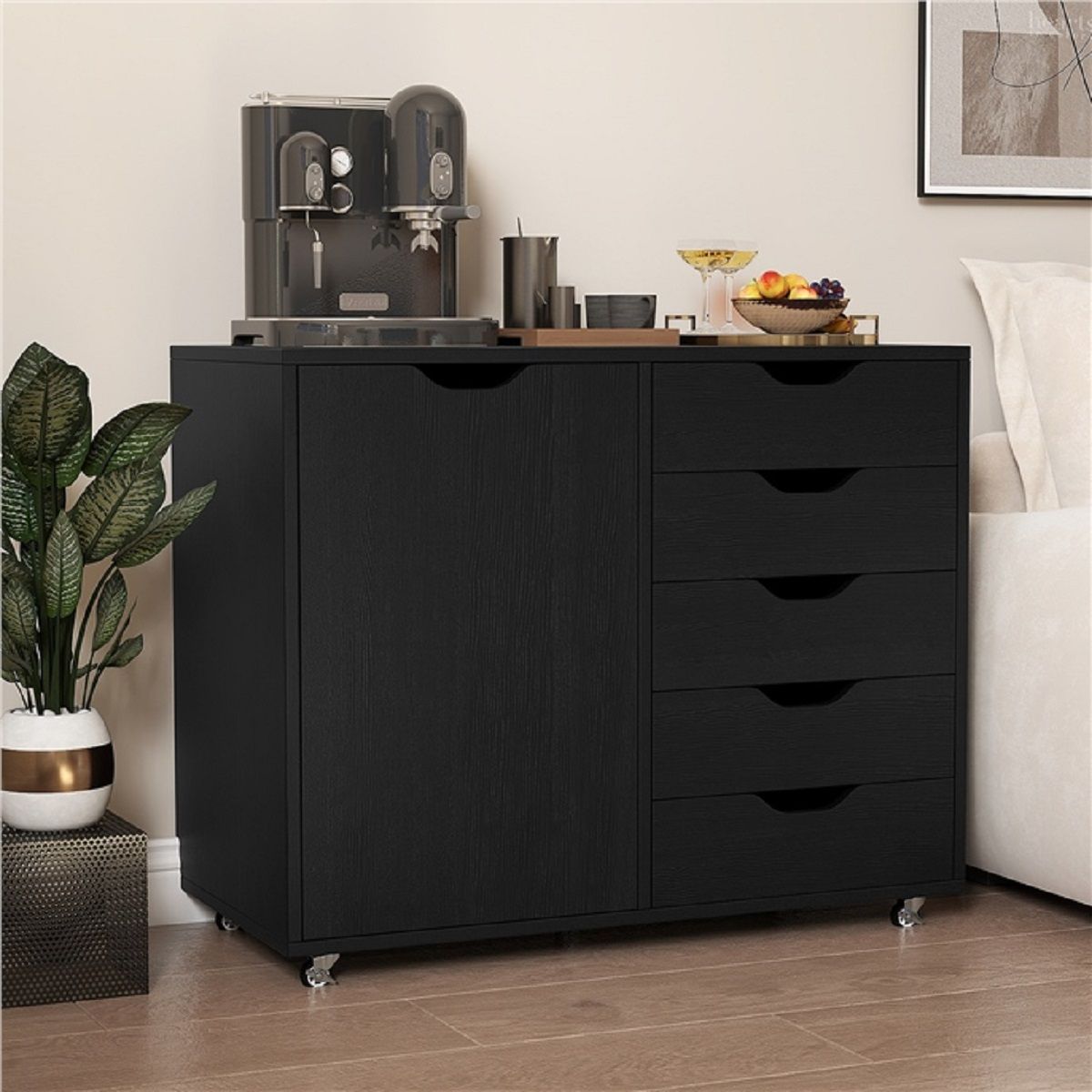Coast Rollcontainer met 5 lades - deur en werkblad - met wielen - zwart - 79 x 39 x 65 cm