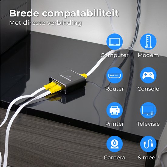 Nuvance - Internet Splitter - 2 Poorten - Netwerk Switch - tot 1000Mbps - Netwerk Splitter - RJ45, Cat5, Cat6, LAN, UTP, Ethernet Splitter - Zwart