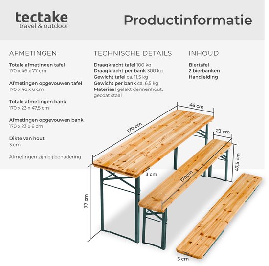 tectake® - Biertafel met 2 banken - 8 personen - 170 cm lang - 3-delige biertafelset met inklapbare tafel en banken - Tuintafel - Bierbank Oktoberfest