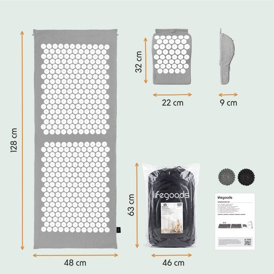 LifeGoods Acupressuur Mat XL - 128x48x2cm - Spijkermat met Kussen - Shakti mat - Spijkerbed Incl. 2x Triggerpoint Bal - Grijs/Wit