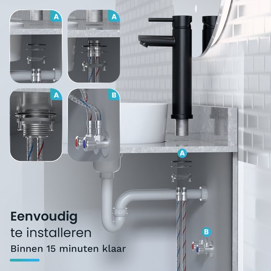 Mirlux Wastafel Kraan Zwart - Wastafel Mengkraan Badkamer - Wastafelkraan - Fonteinkraan / WC Kraan - Kraantje - Koudwaterkraan & Warmwaterkraan - Toiletkraan Koud Water & Warm Water