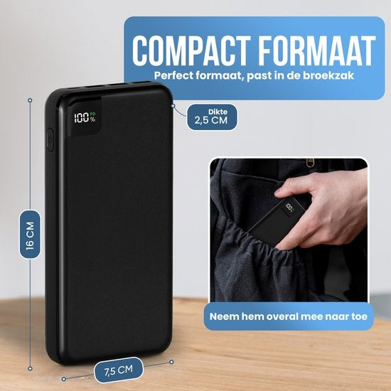 Strex Powerbank – 4 Poorten, 27.000 mAh, 22.5W Snelladen – 16 x 7.4 x 2.5 cm – Zwart
