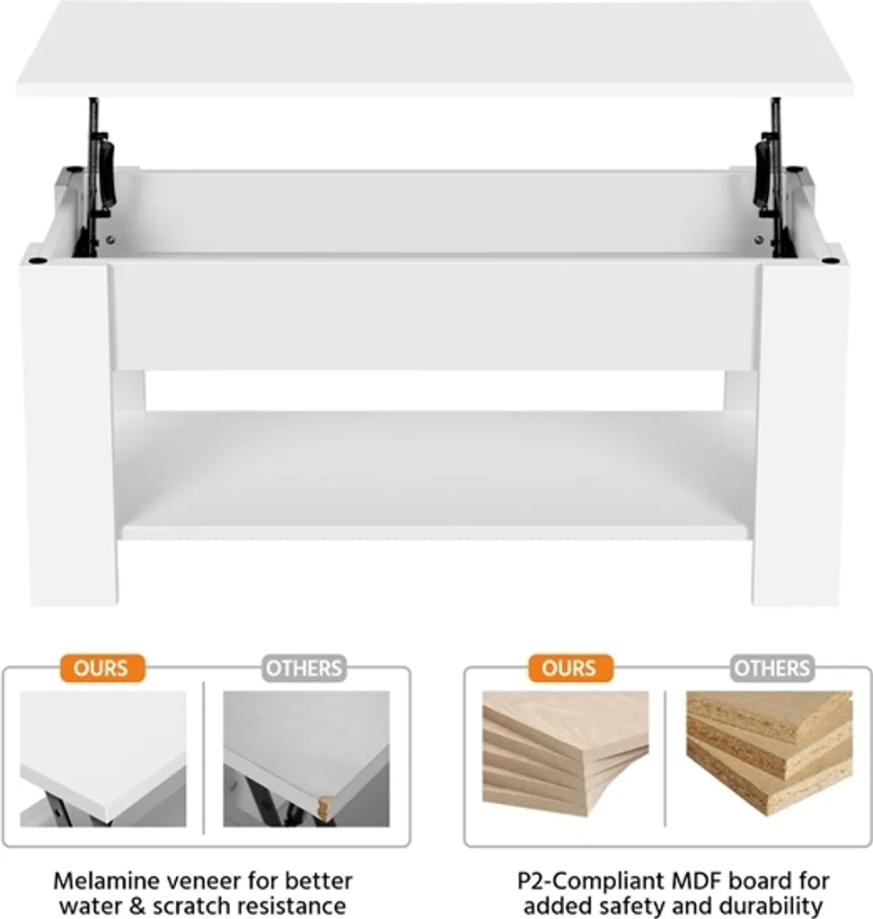 Yaheetech Salontafel met Verstelbaar Tafelblad 98 x 50 x 41,8 cm - Wit - Uitschuifbare Lift-up Salontafel met Opbergruimte