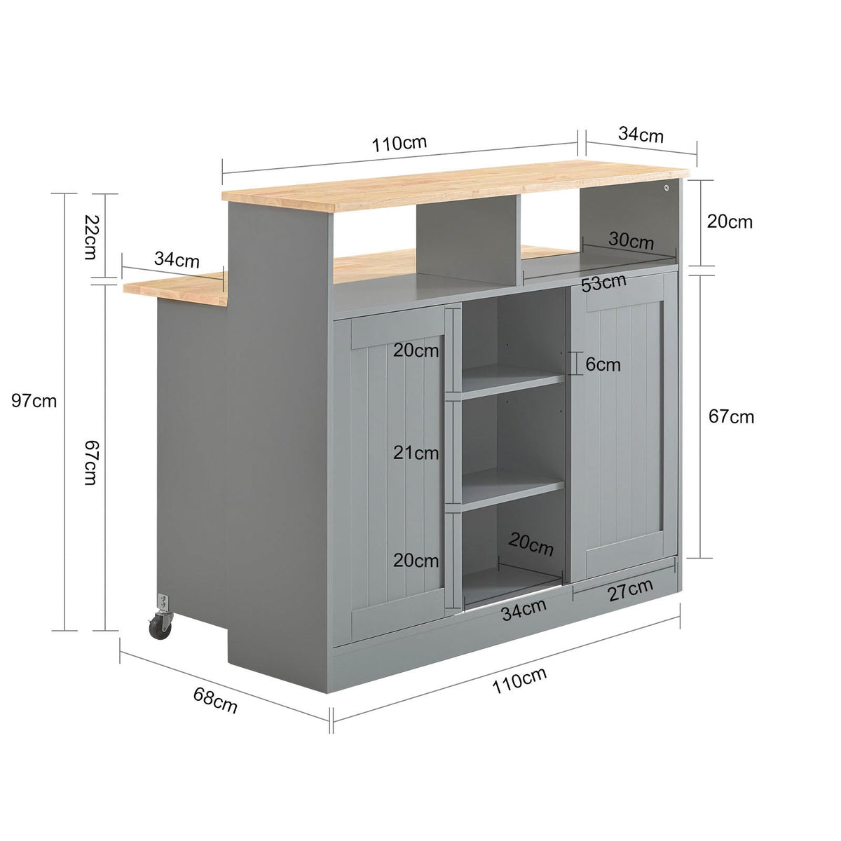 SoBuy FSB36-HG Opbergkast met Schuifdeuren en Uitschuifbaar Werkblad – 110x68x97 cm – Lichtgrijs
