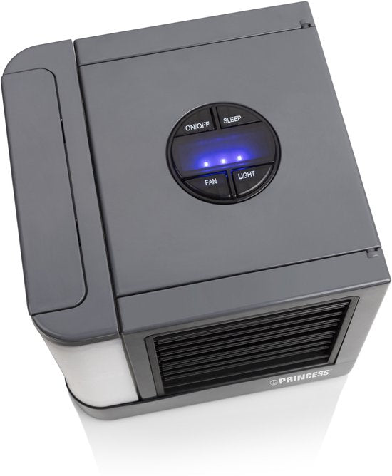 Princess 355500 Premium Mini Luchtkoeler 14,2x14,2x14,8cm – Draagbare airco voor Bureau, Slaapkamer – Aircooler USB-C, 7 Kleuren LED Verlichting, Uitneembaar Waterverdampingsfilter, Persoonlijke Verkoeler, Compact voor Thuis, Kantoor en Reizen