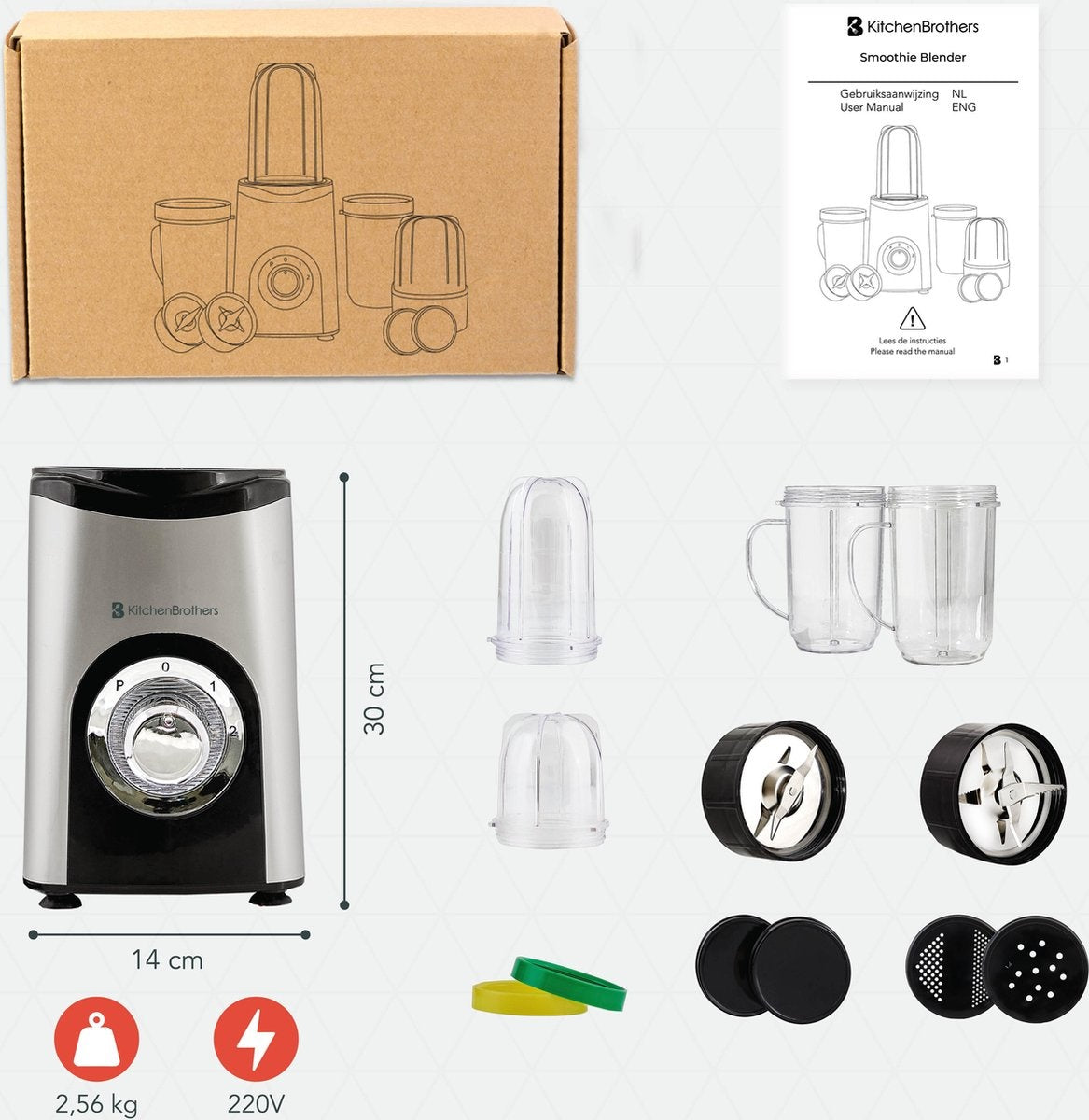 KitchenBrothers Smoothie Blender - 2-in-1 Mini Blender - 4 Bekers - Zilver