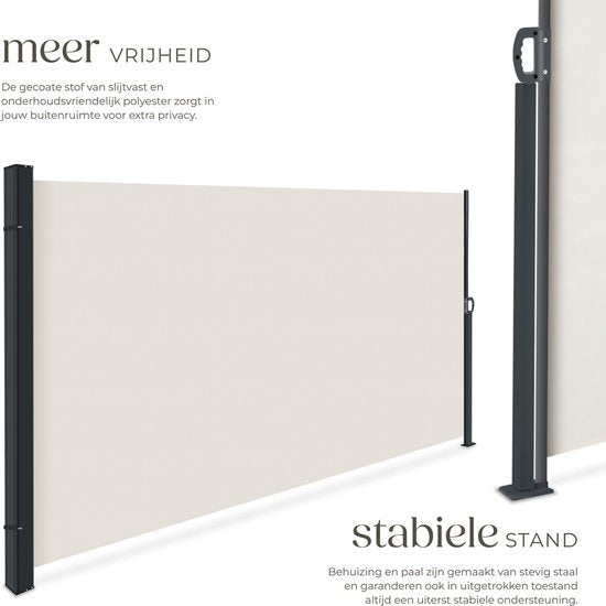 tectake® Uitschuifbaar Windscherm met Oprolmechanisme - 300 x 160 cm - Zijluifel met Aluminium Frame- Zonnescherm - Tuinscherm - Beige Balkonscherm - Ondoorzichtbaar Privacyscherm - Markiesdoek
