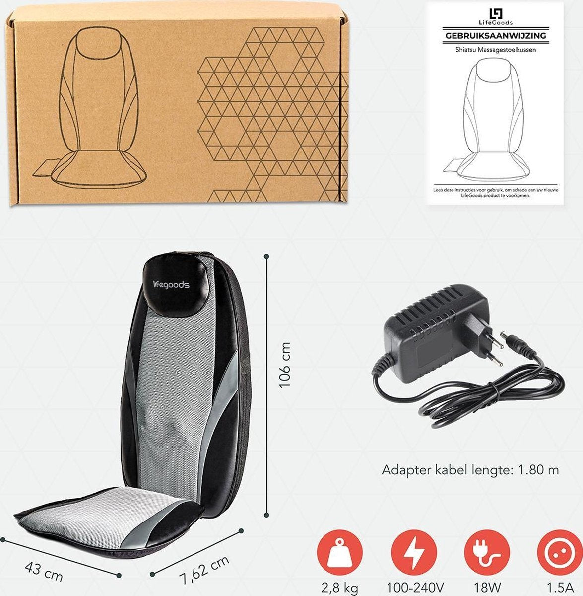 Auronic Shiatsu Massagekussen – 4 Massagekoppen – Warmte- en Vibratiefunctie – 3 Massagezones – Voor Rug, Nek, Heupen & Benen – Zwart