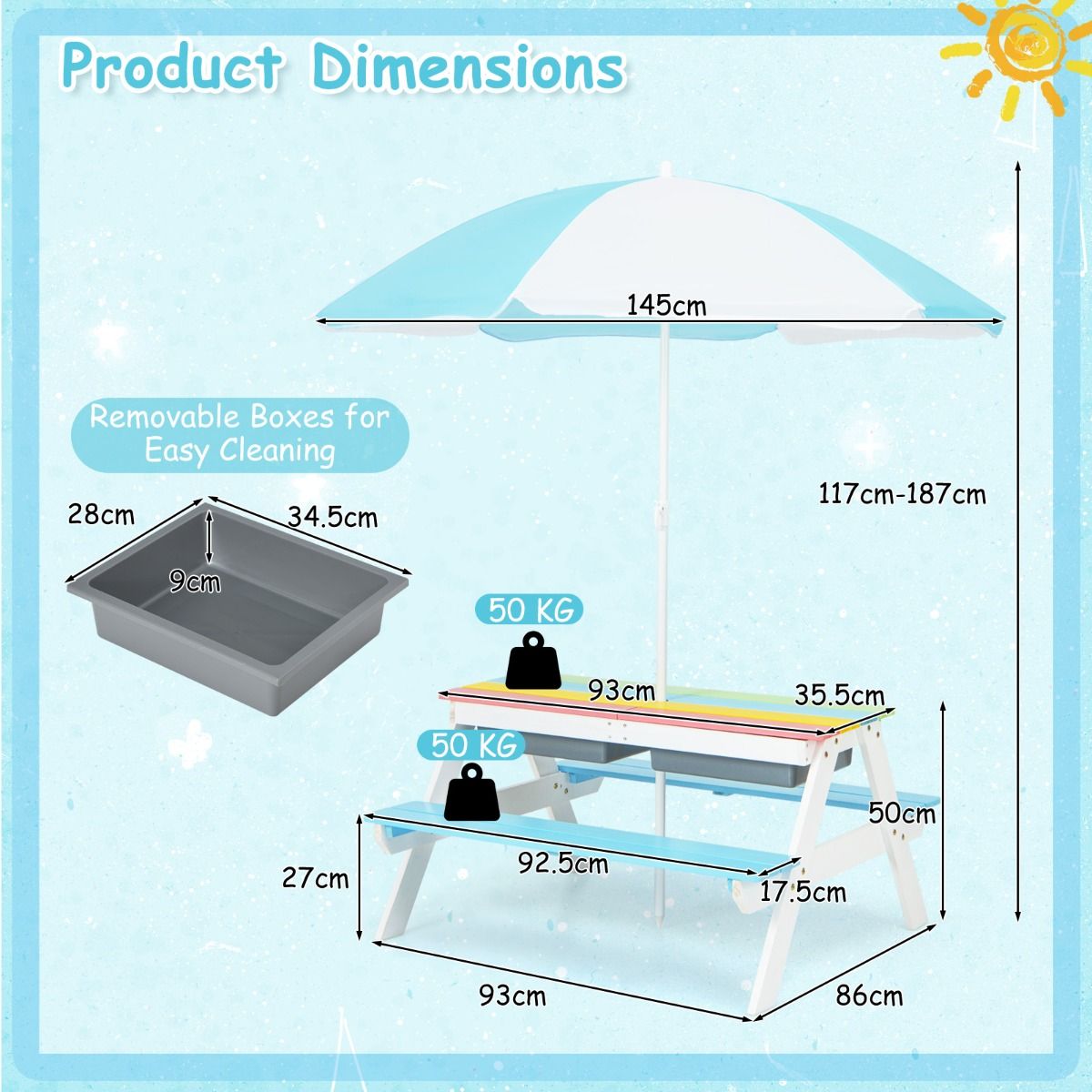 Coast 3-in-1 Kinderpicknicktafelset - met parasol en banken - multicolor