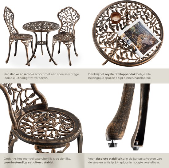 tectake® 2-Persoons Bistroset - Vintage Bistrotafel met 2 Bistrostoeltjes - Aluminium Bistro Set voor Tuin, Terras of Balkon - Weerbestendig - Bronskleurig