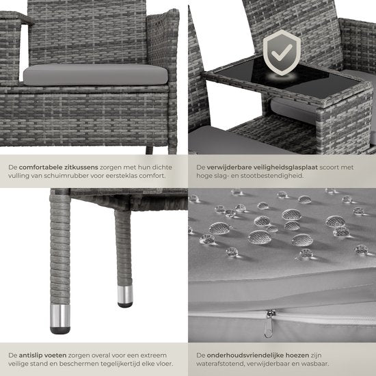 tectake® - wicker tuinbank met tafel, 2-zitsbank, 131 x 61 x 82 cm, bank voor tuinbalkon en terras, tuinbank inclusief zitkussen - grijs/lichtgrijs - poly-rattan