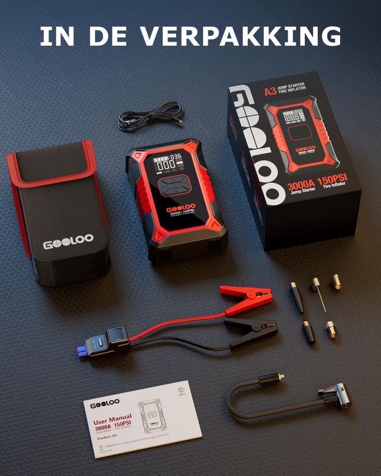 GOOLOO A3 - Draagbare Jumpstarter met Compressor & Powerbank - 3000A - 12V Voertuigen - USB Snelladen - Compact Design - LED Zaklamp - Voor Auto, Motor & Boot