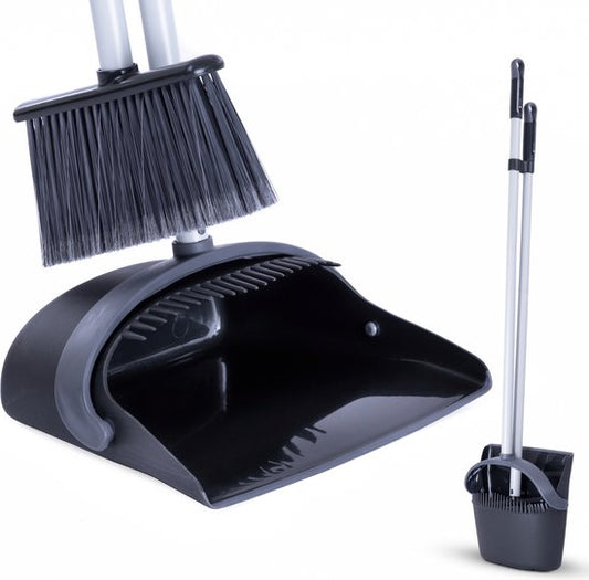 CLEANLY Stoffer en Blik met lange Steel 134 cm - Veger en Blik - Vuilblik - Bezem voor Binnen en Buiten - Innovatieve Borstelvezels - Zwart, Grijs