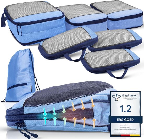 Packing Cubes Set van 7 - met compressie voor koffer en rugzak incl. pakzak, Mariner's Azure - Blauw