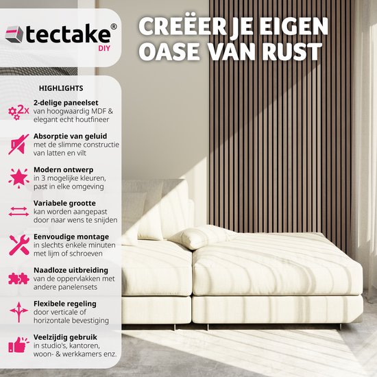 tectake® Set van 2 akoestische panelen Sonic Wall - Geluidsabsorberend paneel - Geluidsdemping - Afmeting per paneel (LxBxH): ca. 120x60x2,1cm - Diverse kleuren - Donker eiken