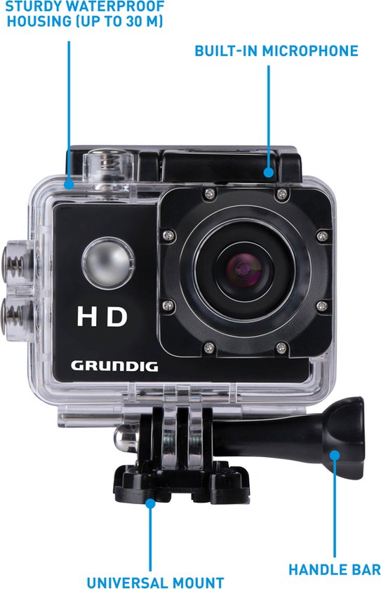 Grundig - Action Camera HD720P - Onderwatercamera - Waterdicht tot 30M - 2"LCD Scherm - Incl. Verschillende Accessoires - Bewegingsdetectie - Zwart