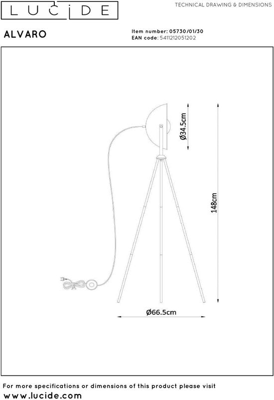 Lucide ALVARO - Vloerlamp - 1xE27 - Zwart