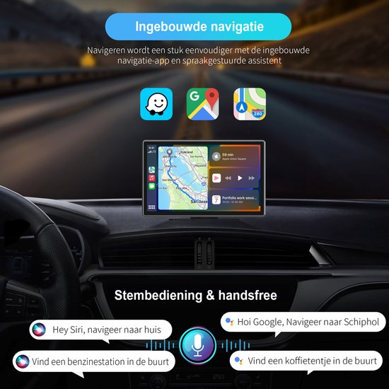 Strolox Carplay scherm 9 inch - Geschikt voor Apple carplay & Android Auto - Draadloze - Navigatiesysteem - Universeel Auto Stereo Bluetooth - USB-C aansluiting - 2 montage beugels - 2024