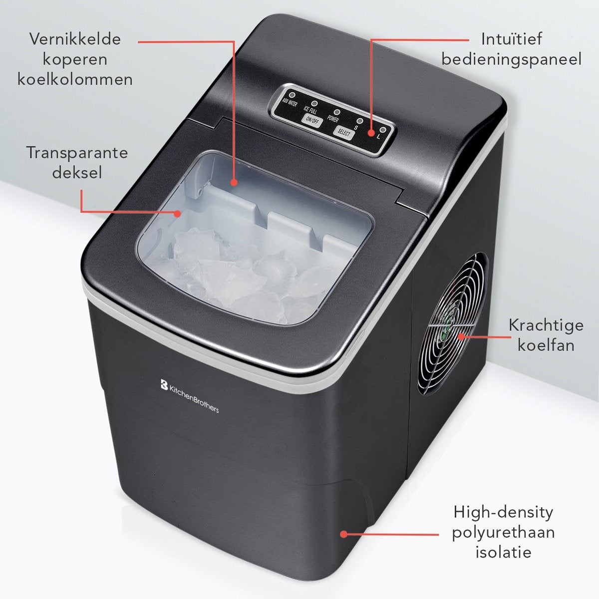 KitchenBrothers IJsblokjesmachine – Incl. IJsschep – 12 kg/24u, 2 liter – 22,2 x 31,3 x 32 cm – Zwart