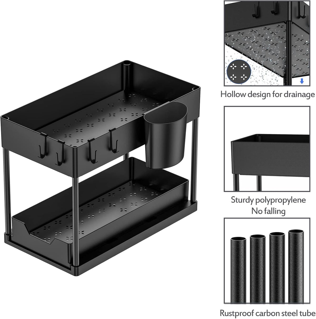 Gootsteenkast organizer met uitschuiflade - 2 niveaus - 39,5 x 21,5 x 35,5 cm - Zwart