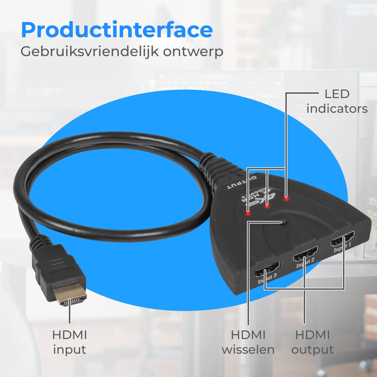 Nuvance HDMI Switch – 3 Ingangen, 4K 60Hz Ondersteuning – 60 cm – Zwart