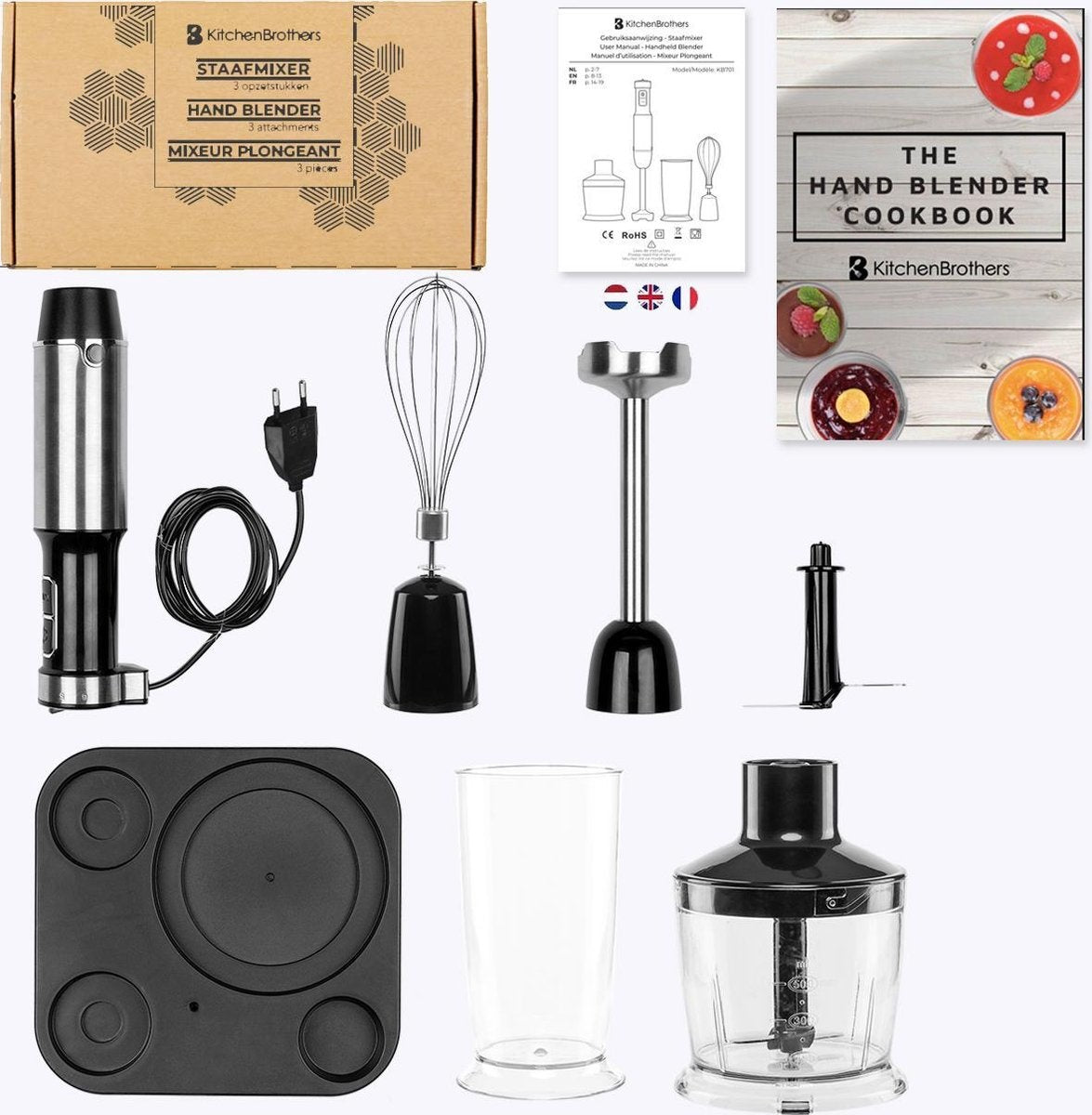 KitchenBrothers Staafmixer Set – 4-in-1 Hakmolen, Garde & Maatbeker – 800W – 6 Snelheden + Turbostand – 600 ml – Zwart/RVS