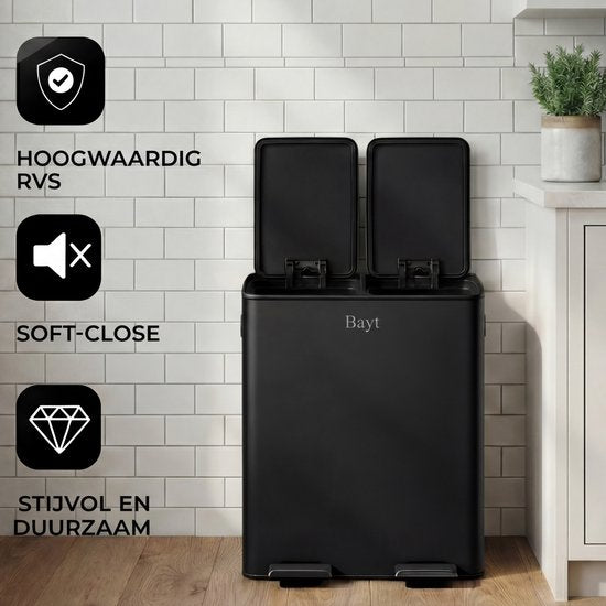 Bayt Prullenbak 60 Liter 2x30L Afvalscheiding RVS - Zwart