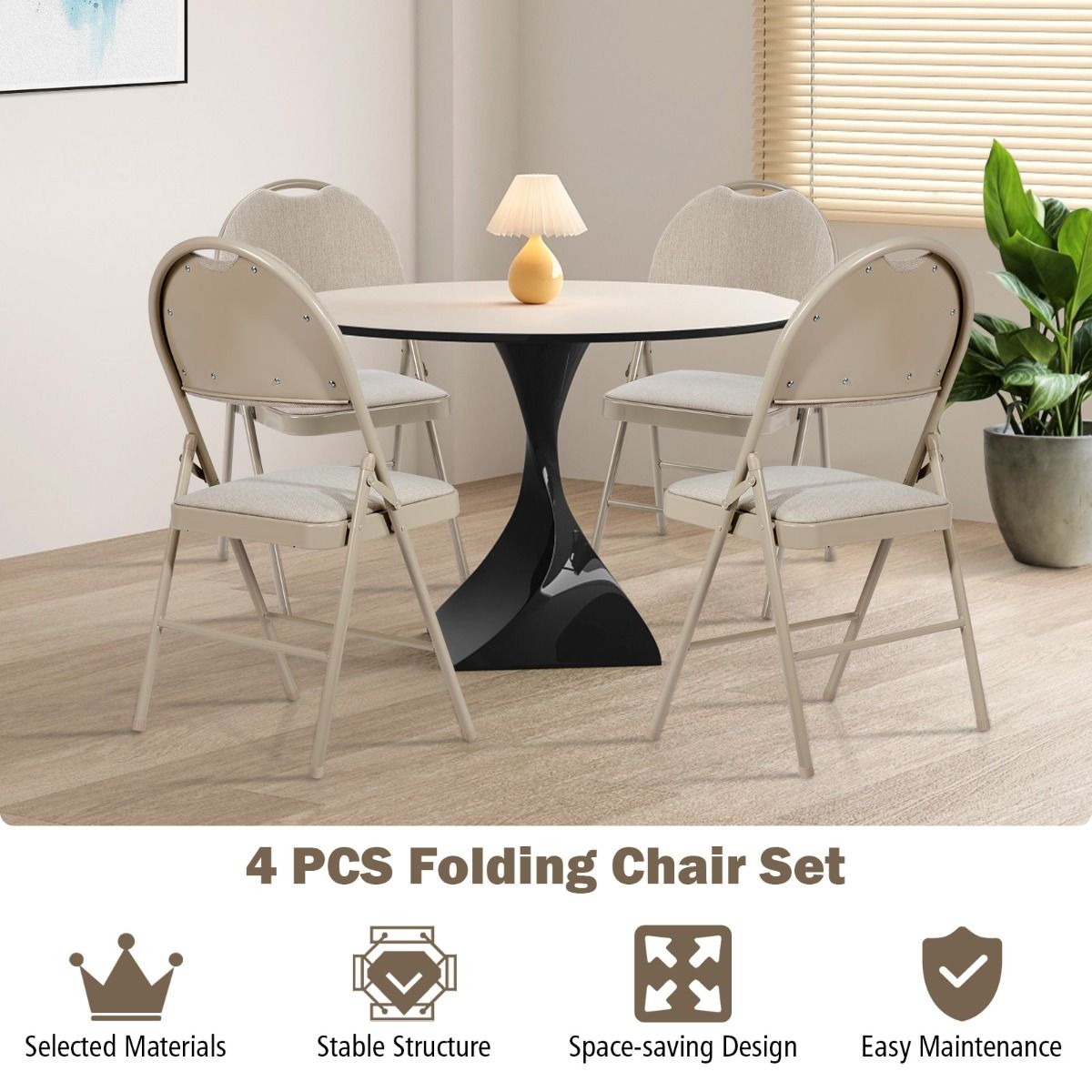 Coast 4-Delige Draagbare Klapstoelen Set – Metalen Frame, Gevoerde Zitting en Stof Beklede Rugleuning, Beige, 47 x 50 x 88,5 cm