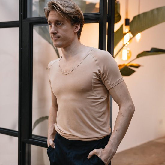 Anti Zweet Shirt - Fibershirts® - Ingenaaide Okselpads- Ondershirt - Huidskleur - V-hals - Heren - Maat XXL