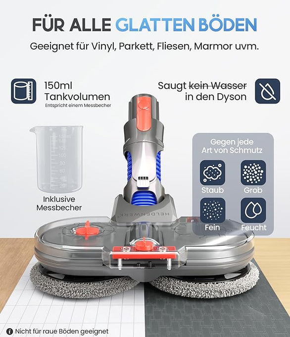 Heldenwerk Dweilopzetstuk voor Dyson V7/V8/V10/V11/V15 - Elektrische Vloerreiniger - 150 ml Watertank - 180° Draaibaar - Incl. 8 Dweilpads