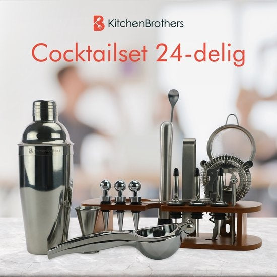 KitchenBrothers Cocktail Set met Cocktailshaker - 25 Delig - Luxe Set - Cadeauverpakking - Lichtbruin/Bamboe