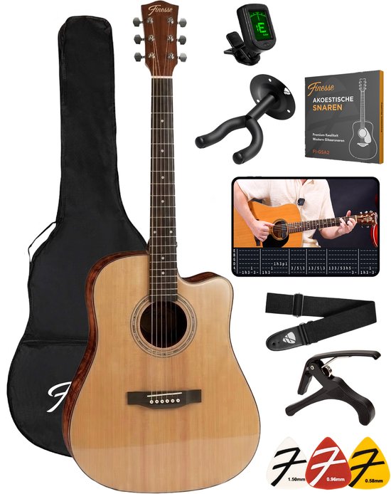 Finesse Premium Akoestische Gitaar - 4/4 41" - Massief Sparrenhout - Western Gitaar - Gitaar Kind & Volwassenen - Naturel