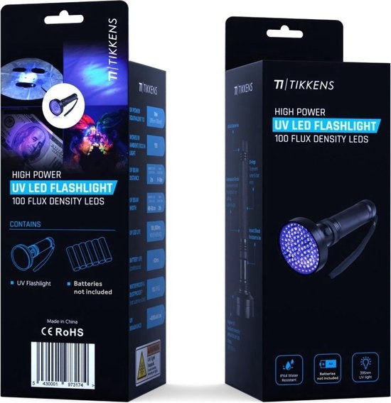 TIKKENS UV Lamp XXL - UV Zaklamp -100 Ultraviolet LED's - Blacklight Zaklamp - Detector Urine, Vals Geld, Overige Vlekken - 395nm