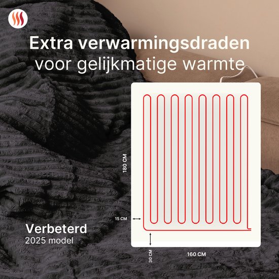 Seranova Elektrische Deken XXL - Extra Warmtedraden - Gestreept Model - 180x160 cm - 2 persoons Warmtedeken - Dubbelzijdig Fleece - Grijs