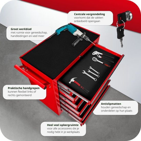 tectake® - Gereedschapswagen met 7 lades - werkplaatswagen, rijdende werkplaats, lege gereedschapswagen, gereedschapskist, 7 laden, 69 x 33 x 79 cm, wielen met rem, incl. 2 sleutels - rood