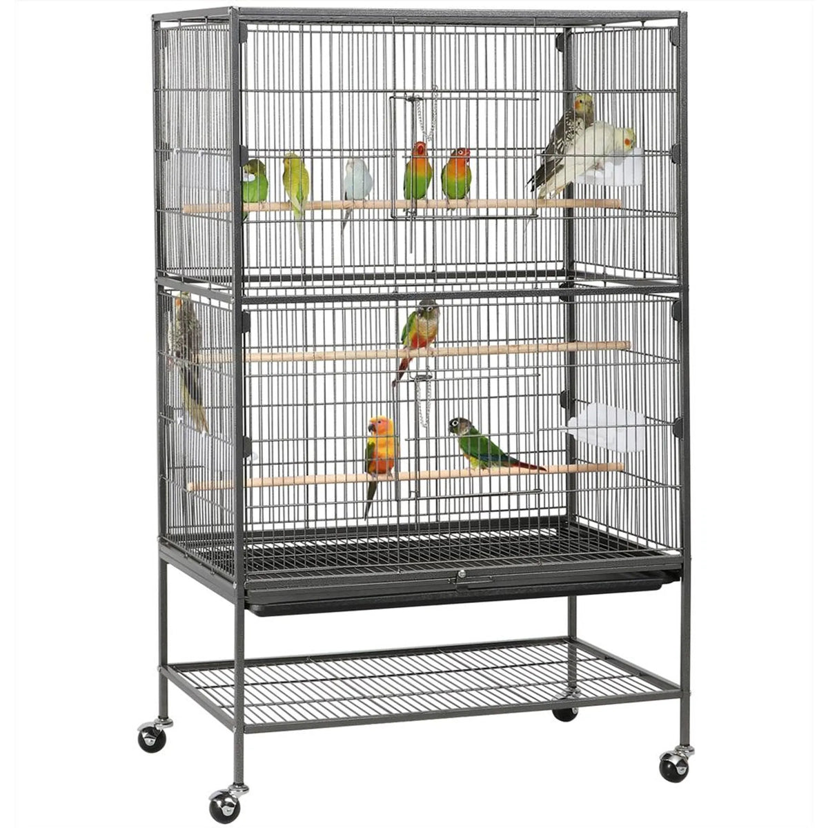 Yaheetech Vogelkooi XXL Met Verrijdbaar Onderstel – Voorzien Van Beveiligde Deur En Opbergplank En 3 Houten Zitstokken – Voor Papegaaien En Kaketoes – Zwart Metaal – 79 x 52 x 132 cm